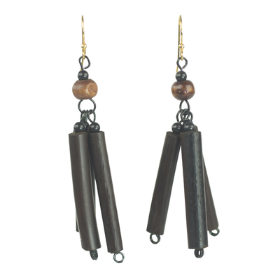 Bamboo and recycled plastic dangle earrings, 'Virtuous Woman' - Bamboo Wood Recycled Plastic Dangle Earrings from Ghana