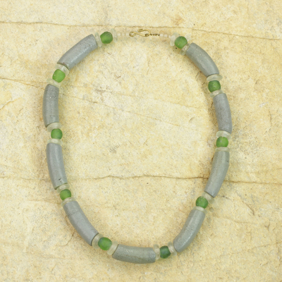 Recycled glass beaded necklace, 'Grey Lagoon' - Grey and Green Recycled Glass Beaded Necklace from Ghana