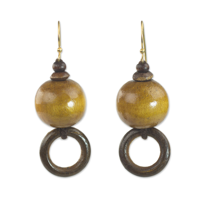 Wood dangle earrings, 'My Pleasure' - Sese Wood Bead Dangle Earrings on Brass Hooks from Ghana