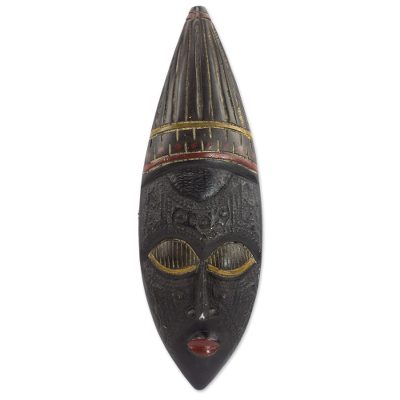 African wood mask, 'With Love' - Handmade Sese Wood and Aluminum Mask from Ghana