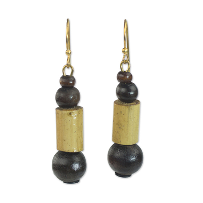 Bamboo dangle earrings, 'Ahofe' - Sese Wood Bead Dangle Earrings on Brass Hooks from Ghana