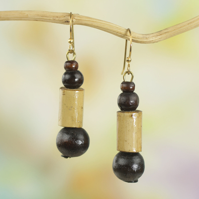 Bamboo dangle earrings, 'Ahofe' - Sese Wood Bead Dangle Earrings on Brass Hooks from Ghana