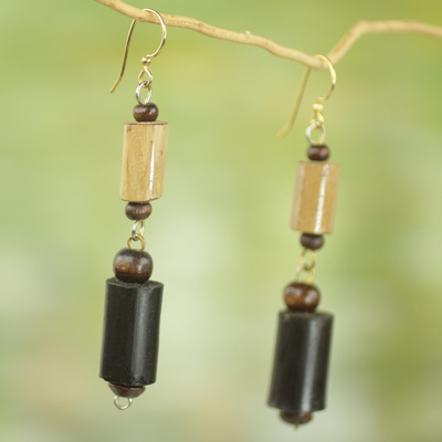 Bamboo and wood dangle earrings, 'African Homestead' - Bamboo and Sese Wood Dangle Earrings Brass Hooks from Ghana