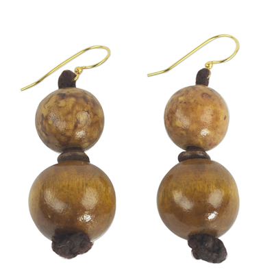 Wood dangle earrings, 'Godly Presence' - Sese Wood and Nylon Twine Dangle Earrings from Ghana