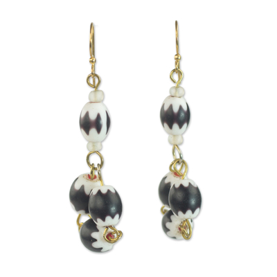 Beaded dangle earrings, 'Fanciful Delight' - Black and White Glass Bead Dangle Earrings from Ghana