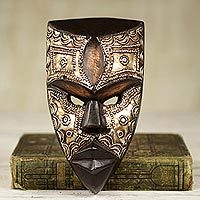 African wood mask, 'Mbara Hunter' - Aluminum and Wood African Mask Textured from Ghana