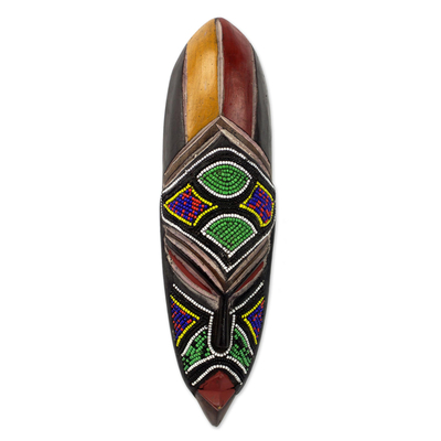 African beaded wood mask, 'Samba Messenger' - Multicolor Wood Recycled Glass Bead African Mask from Ghana