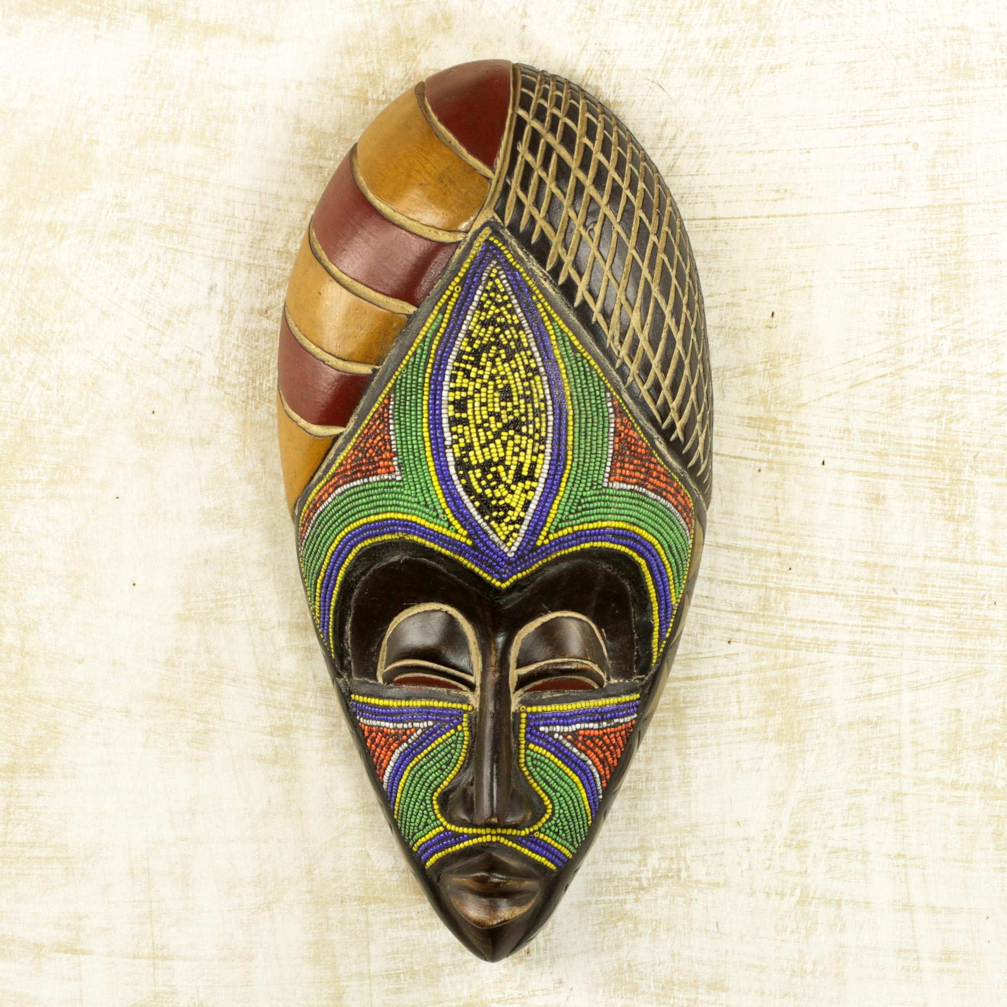 Multicolor Glass Bead Aluminum Wood African Mask from Ghana - Beaded ...