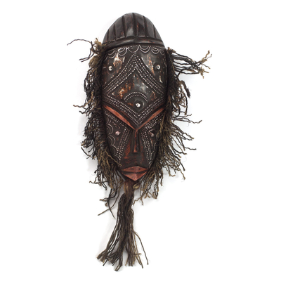 African wood mask, 'Brown Kotoku' - Wood Aluminum and Cotton African Mask from Ghana
