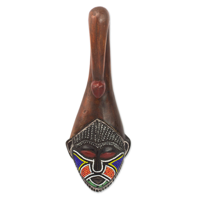 African beaded wood mask, 'Scorpion Face' - Brown Wood Aluminum Recycled Glass Bead African Mask Ghana