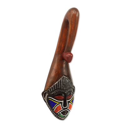 African beaded wood mask, 'Scorpion Face' - Brown Wood Aluminum Recycled Glass Bead African Mask Ghana