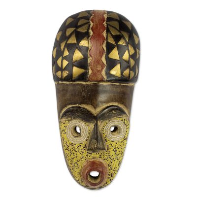 African beaded wood mask, 'Sorko Fisherman' - Wood Brass Recycled Glass Bead African Mask from Ghana