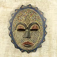 African beaded wood mask, 'Speckled Sun' - African Sun Mask Wood Aluminum Recycled Glass Bead Ghana