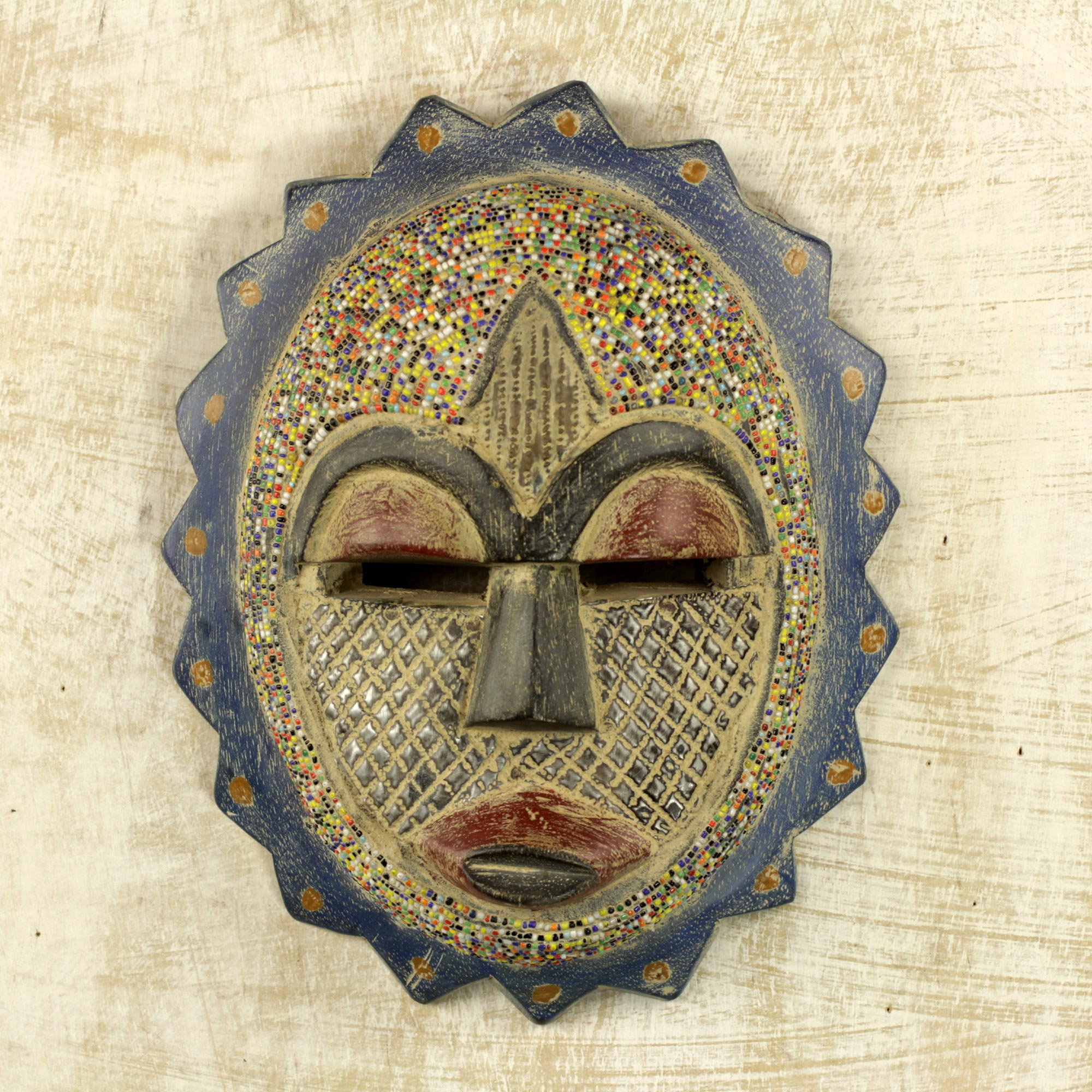 African Sun Mask Wood Aluminum Recycled Glass Bead Ghana - Speckled Sun