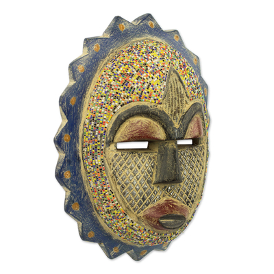 African beaded wood mask, 'Speckled Sun' - African Sun Mask Wood Aluminum Recycled Glass Bead Ghana
