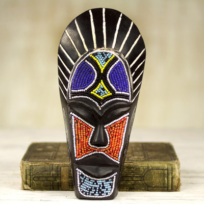 African beaded wood mask, 'Wangari Warrior' - Black African Mask Wood Recycled Glass Beads from Ghana