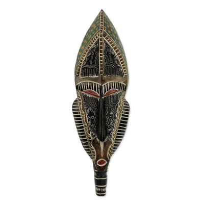 African wood mask, 'Long Saaje' - Hand Carved Wood Aluminum African Mask from Ghana