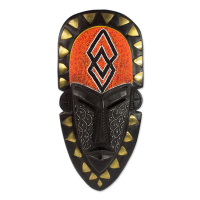 Fair Trade Orange and Black Beaded Wooden Mask with Metal Accents
