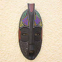 African beaded wood mask, 'Honorable Obileye' - Wood African Mask Aluminum Recycled Glass Bead Accents