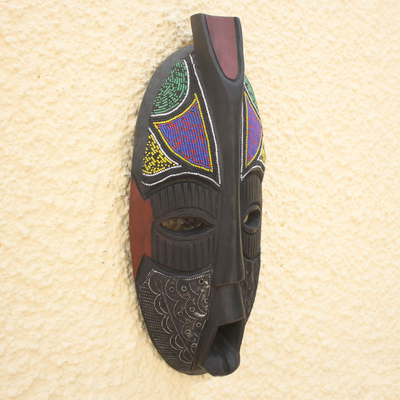 African beaded wood mask, 'Honorable Obileye' - Wood African Mask Aluminum Recycled Glass Bead Accents