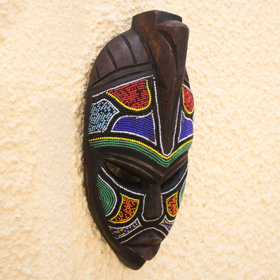 African wood mask, 'Jasawe' - Hand Crafted African Wood Mask with Recycled Glass Beads