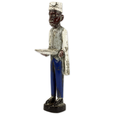 Wood statuette, 'Waiter' - Hand Carved Rustic Wood Waiter Figurine