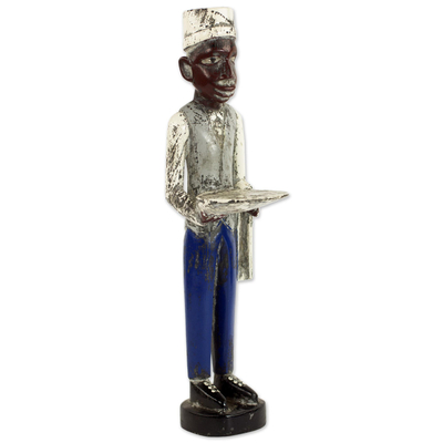 Wood statuette, 'Waiter' - Hand Carved Rustic Wood Waiter Figurine