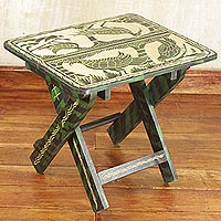 Wood folding table, 'Jungle of Birds' - Sese Wood Folding Table with Bird Motifs in Green and Beige