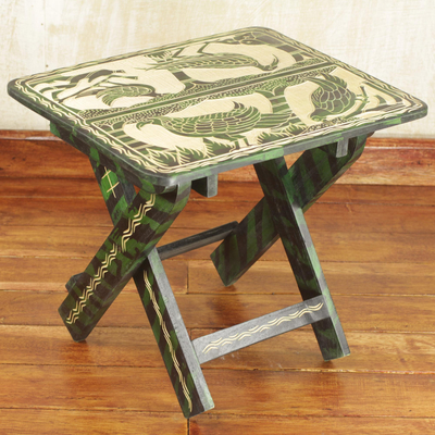 Mesa plegable de madera - Mesa plegable Sese de madera con motivos de pájaros en verde y beige