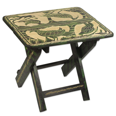 Sese Wood Folding Table with Bird Motifs in Green and Beige