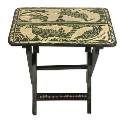 Mesa plegable de madera - Mesa plegable Sese de madera con motivos de pájaros en verde y beige