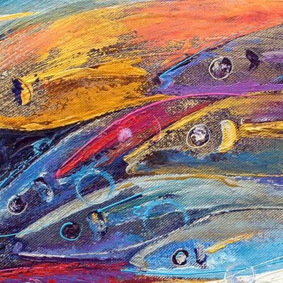 'Common Goal' - Painting of Multicolor Fish and Common Goal Signed by Artist
