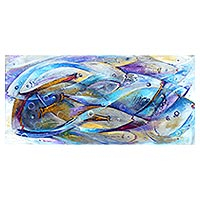 'Interdependencia' - Pintura de temática abstracta con pez azul firmada por el artista