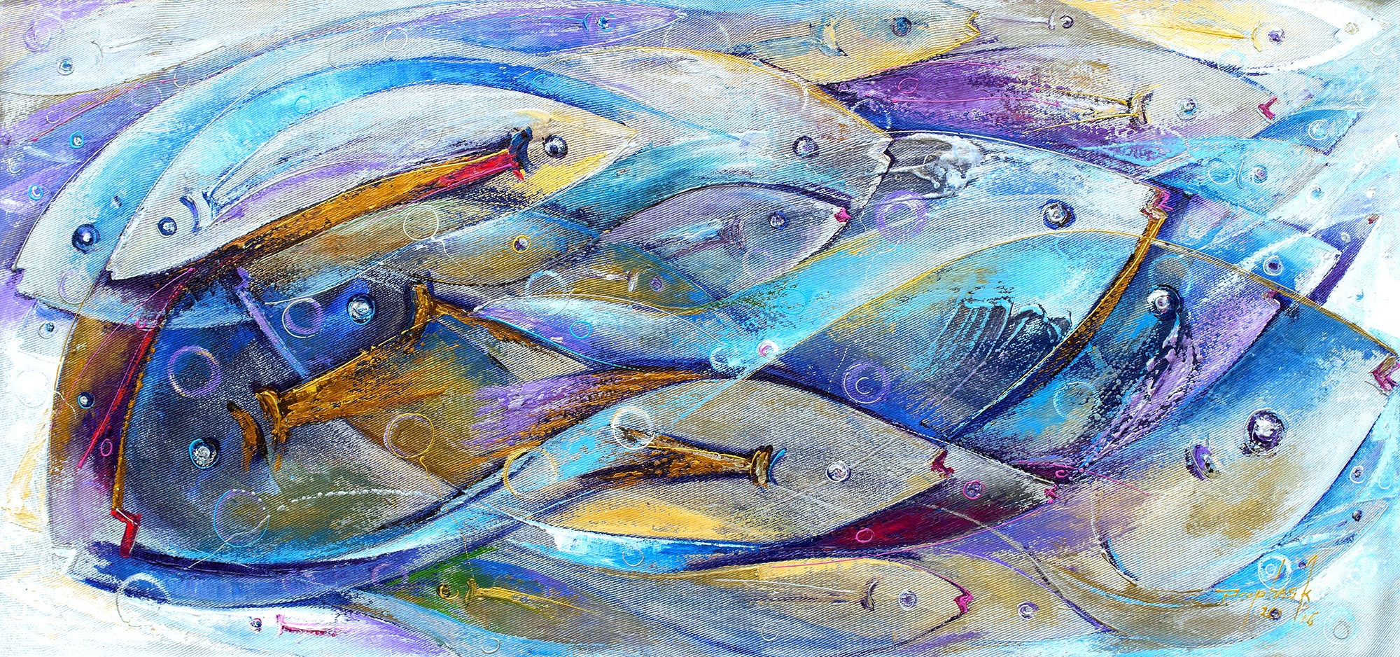Unicef Market Abstract Themed Painting With Blue Fish Signed By Artist Interdependency