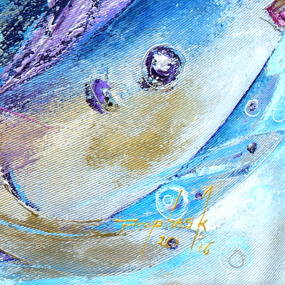Interdependenz‘. - Abstrakte thematische Malerei mit blauen Fischen, vom Künstler signiert