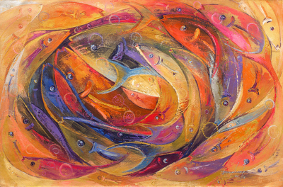 Einheit II - Gemälde zum Einheit Thema mit orangefarbenen Fischen, vom Künstler signiert