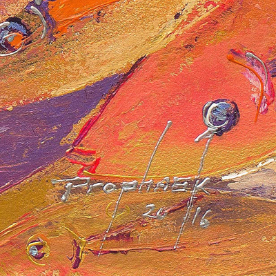 Einheit II - Gemälde zum Einheit Thema mit orangefarbenen Fischen, vom Künstler signiert