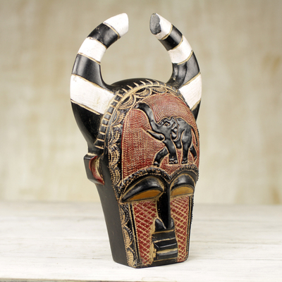 African wood mask, 'Azubuike' - Artisan Crafted Sese Wood and Brass Wall Mask from Ghana