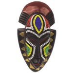 African wood mask, 'Jama' - Handmade Wood Wall Mask with Glass Bead and Brass Accent