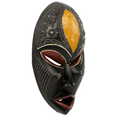 African wood mask, 'Lungile II' - Hand Crafted Sese Wood Wall Mask with Aluminum Accents