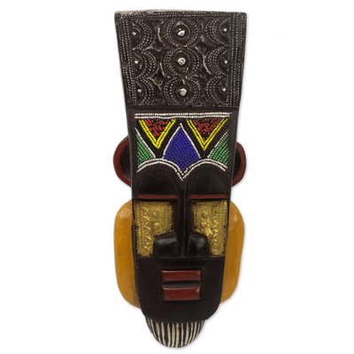 Hand Carved Ghanaian Wall Mask with Brass and Beaded Accents