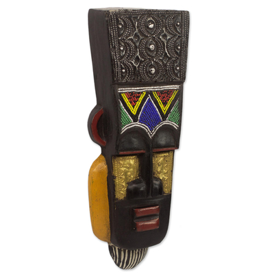 African wood mask, 'Obi' - Hand Carved Ghanaian Wall Mask with Brass and Beaded Accents