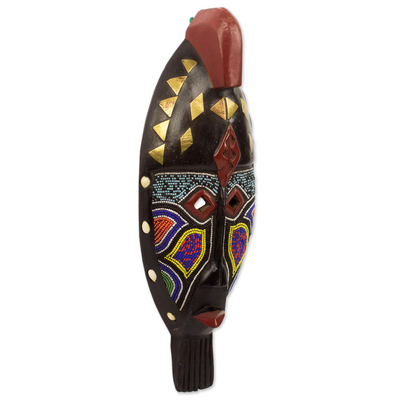 African wall mask, 'Give Praise' - Hand Crafted Sese Wood Mask with Brass and Beaded Accents