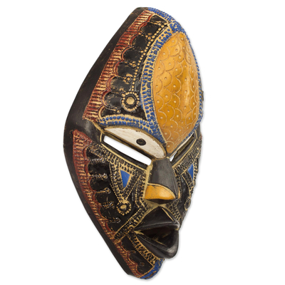 Máscara de madera africana - Máscara de pared ghanesa hecha a mano con detalles en aluminio