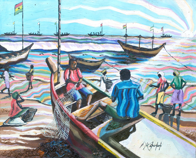 'Apam Beach' - Fishermen on an Accra Beach Painting from Ghana