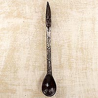 Wood and aluminum decorative spoon, 'Delightful Homestead' - Hand Made Wood Aluminum Decorative Spoon from Ghana