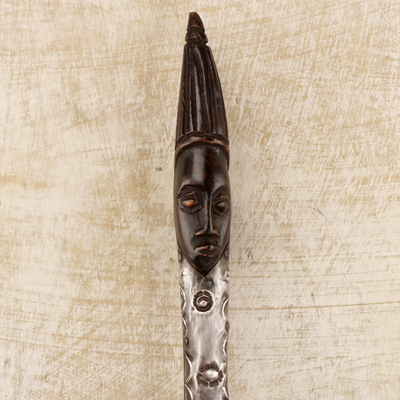 Wood and aluminum decorative spoon, 'Delightful Homestead' - Hand Made Wood Aluminum Decorative Spoon from Ghana