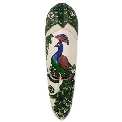 African wood mask, 'The Peacock' - Hand Carved Wood African Mask Peacock from Ghana