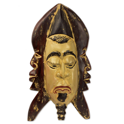 African wood mask, 'Three Men' - Hand Carved Wood African Mask 3 Faces from Ghana