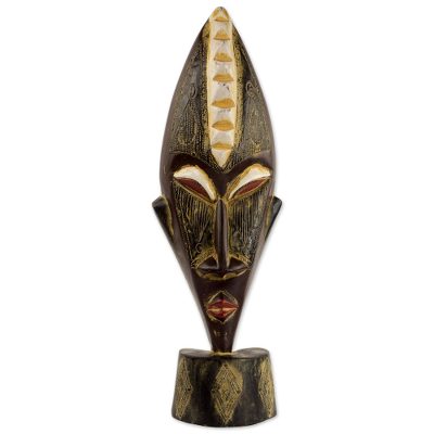 African wood mask, 'Good Luck Shine' - Ghanaian Hand Carved Free Standing Mask in Black and Gold